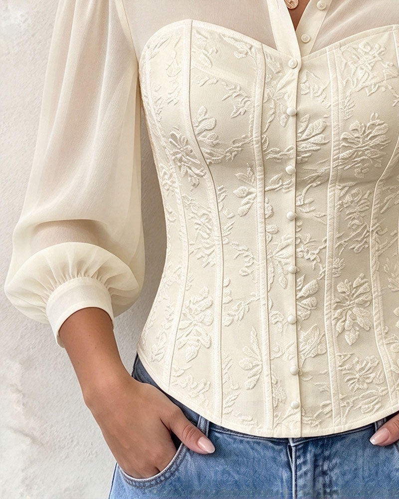 Bluse Revers Geknöpft Taille Slim Fit