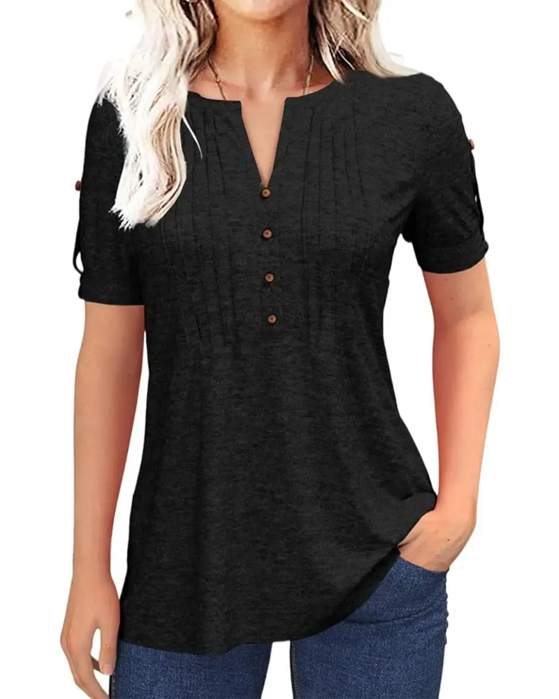 T-Shirt Plissiert Henley Kurzer Ärmel