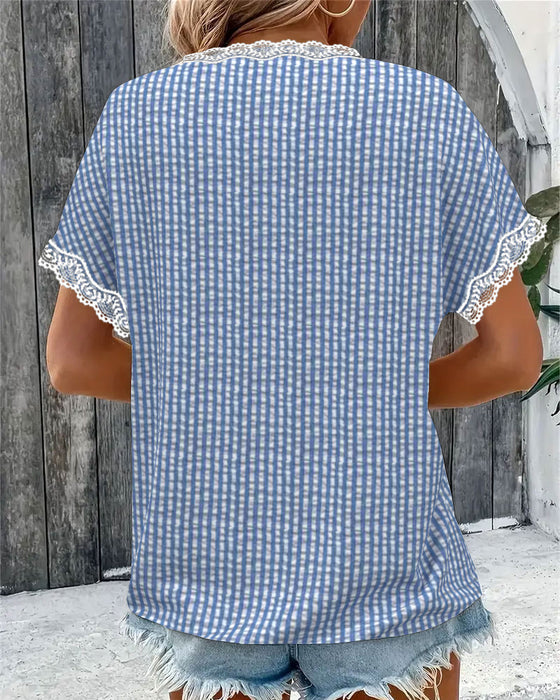 Bluse Rundhals Spitze Patchwork gestreift