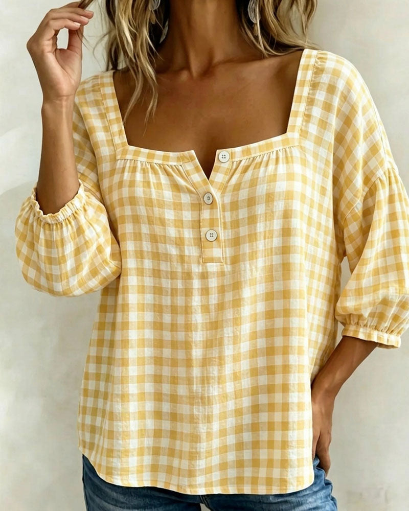 Bluse Quadratischer Ausschnitt Knopfleiste Karo
