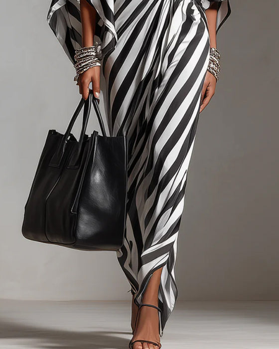Kleid Off-Shoulder Fledermausärmel Streifen Lang