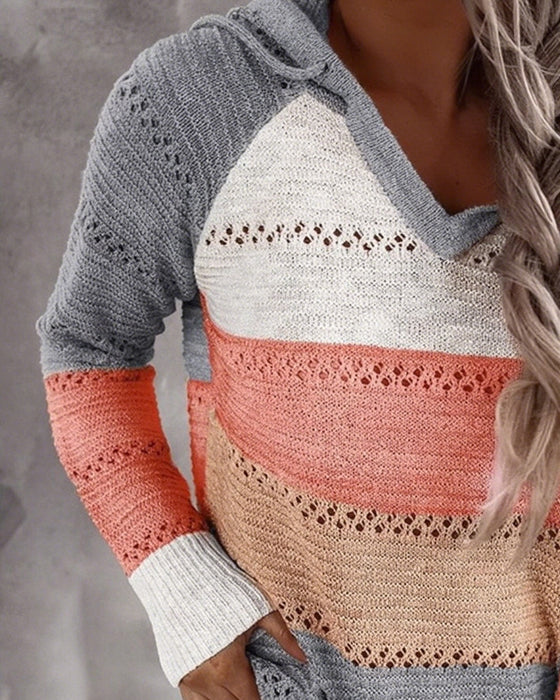 Pullover Farbblock Ausschnitt Mit Kapuze Gestrickt