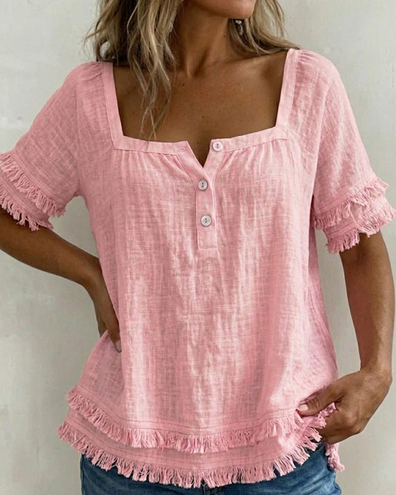 Bluse Quadratischer Ausschnitt Halbknopfleiste Franse