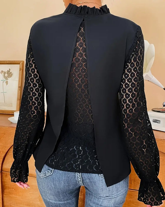 Bluse mit V-Ausschnitt Spitze und langen Ärmeln