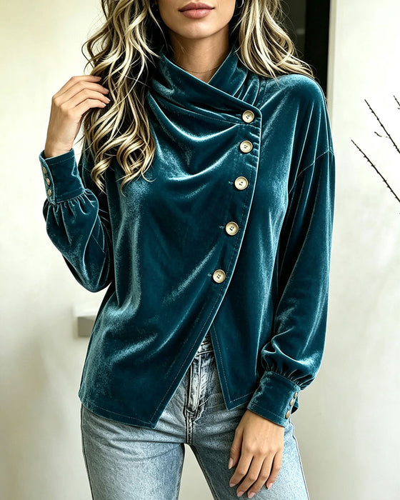 Bluse Rollkragen Schlitz Kreuz Knopf