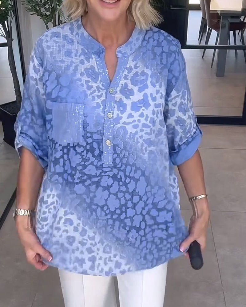Bluse Ombre Leopardenmuster Henley-Kragen