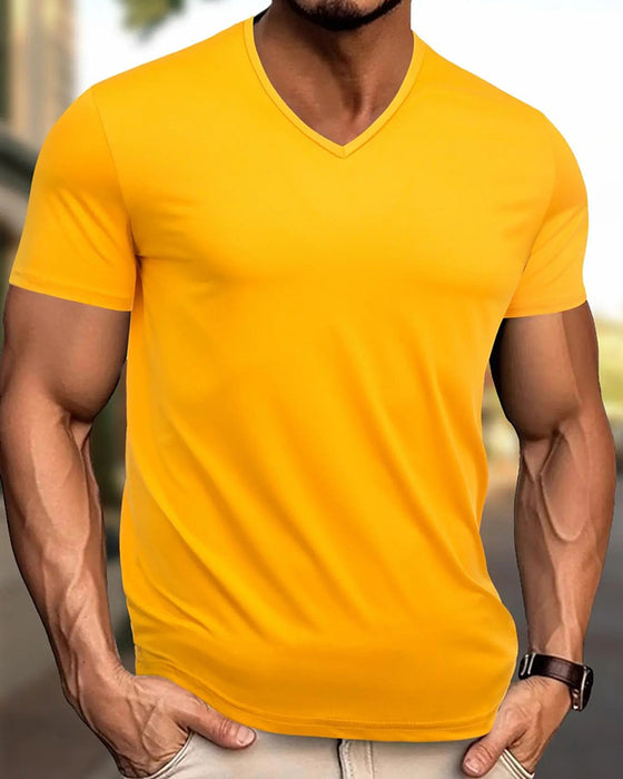 T-Shirt Uni Farbe V-Ausschnitt Freizeit Herren