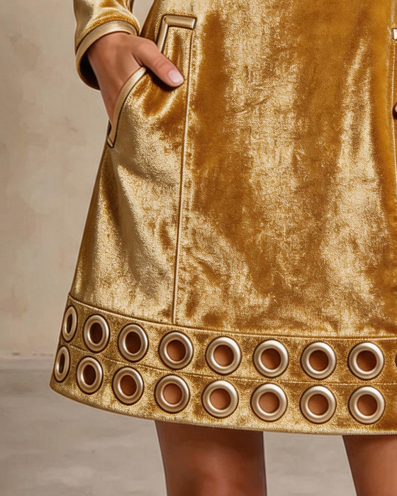 Kleid Revers Reißverschluss Tasche Metallring