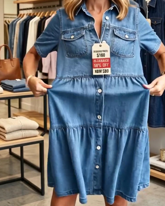 Kleid Denim Rüsche Lagen Kurzarm