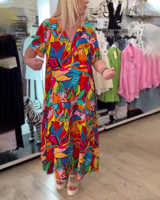 Kleid Reverskragen Bemaltes Muster Kurzarm