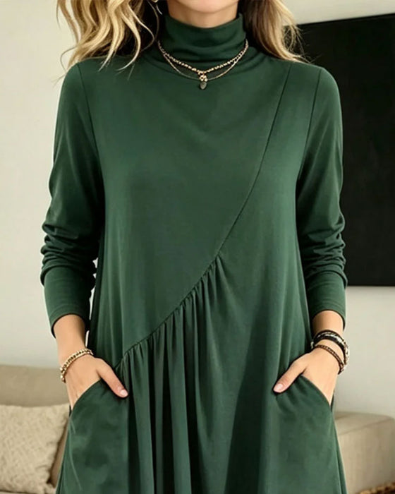 Kleid Rollkragen Gerafft Tasche Maxi