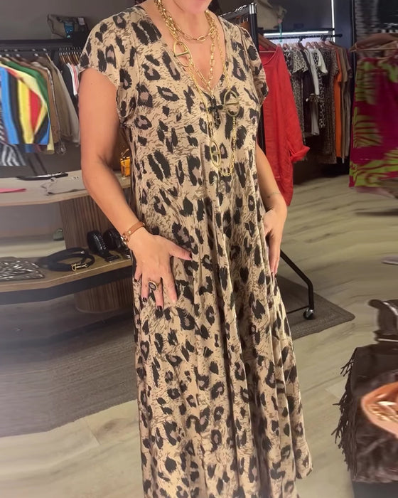 Kleid V-Ausschnitt Leopard Weiter Rock