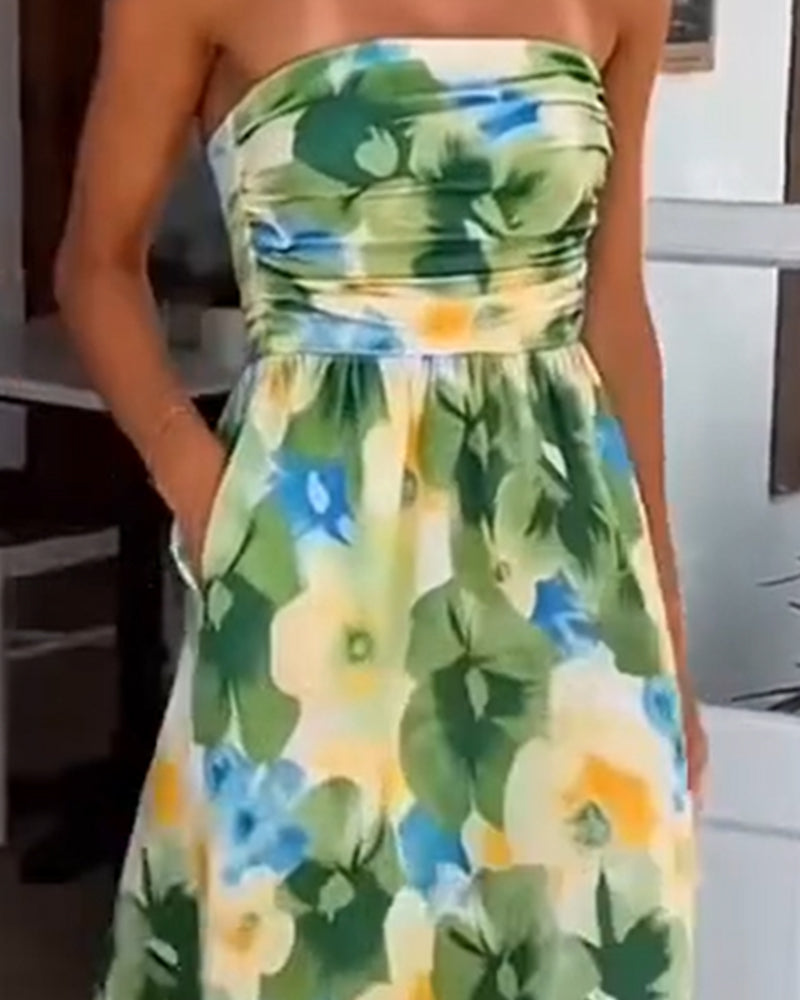 Kleid Blumen Trägerlos Taille A-Linie