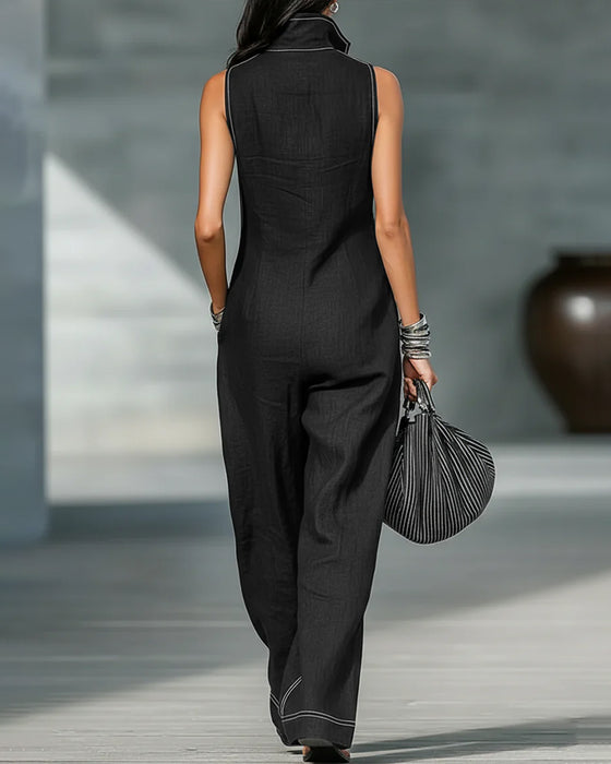 Jumpsuits Mandarin Kragen Ärmellos Schwarz Und Weiß Breites Bein