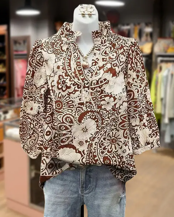 Bluse Paisley Blumenprint Mandarin-Kragen