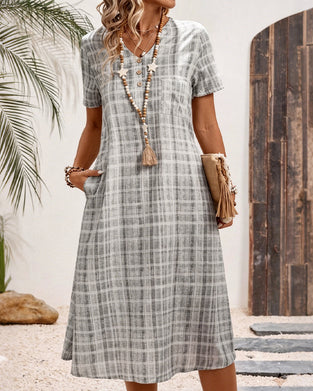 Kleid V-Ausschnitt Knopf Karo Tasche
