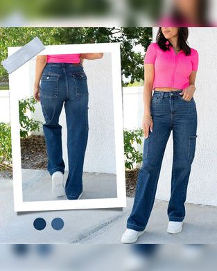 Jeans Damen Hoch Tailliert Cargo Weites Bein Stretch