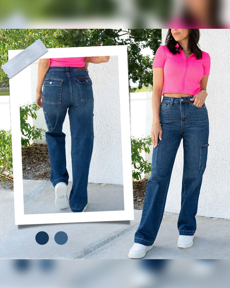 Jeans Damen Hoch Tailliert Cargo Weites Bein Stretch