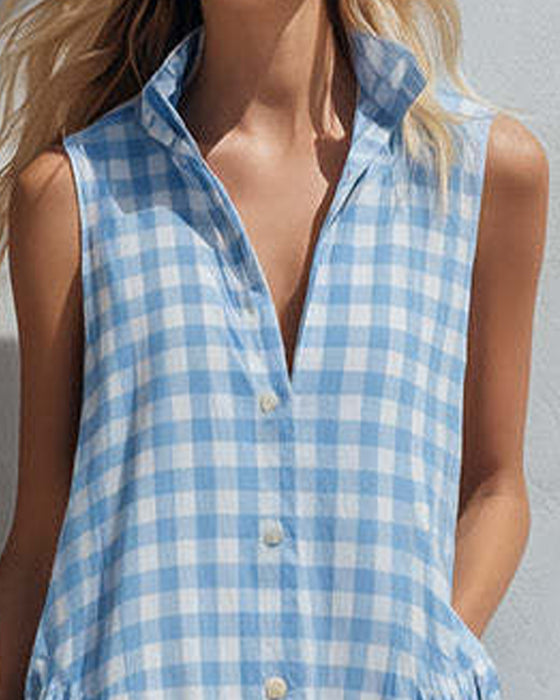 Kleid Revers Blau Und Weiß Kariert Ärmellos