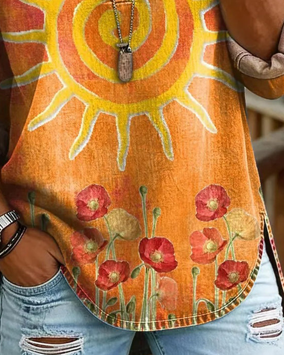 Oberteil Sonnenblume Druck V-Ausschnitt