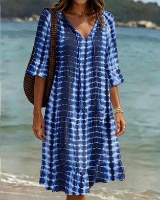 Kleid V-Ausschnitt Blauton Print