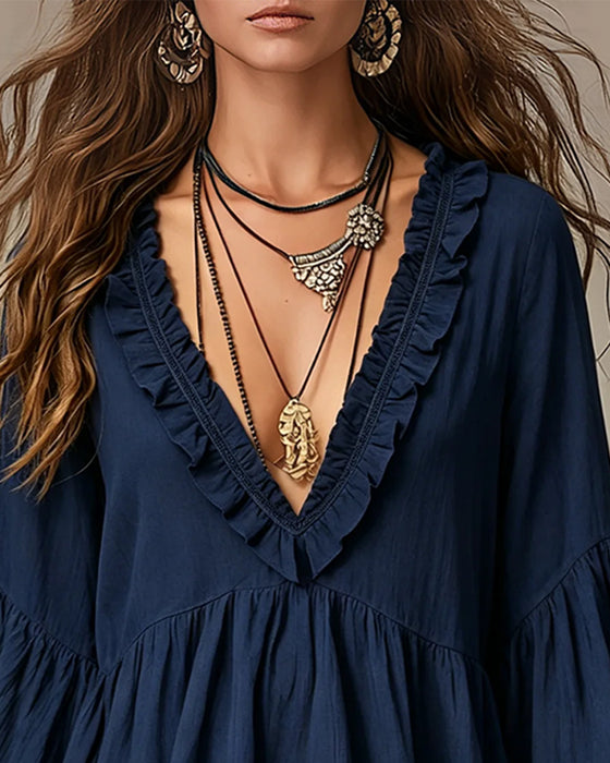 Bluse V-Ausschnitt Scallop Rüsche Besatz