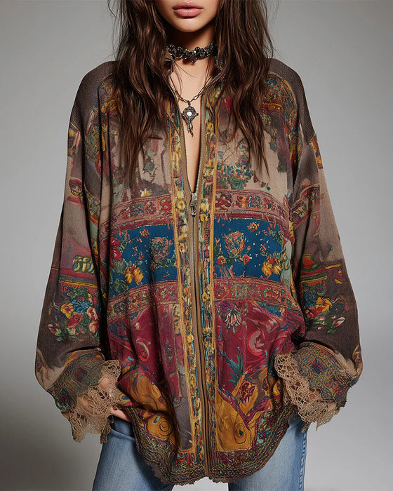 Bluse mit Spitzeneinsätzen und Blumenprint