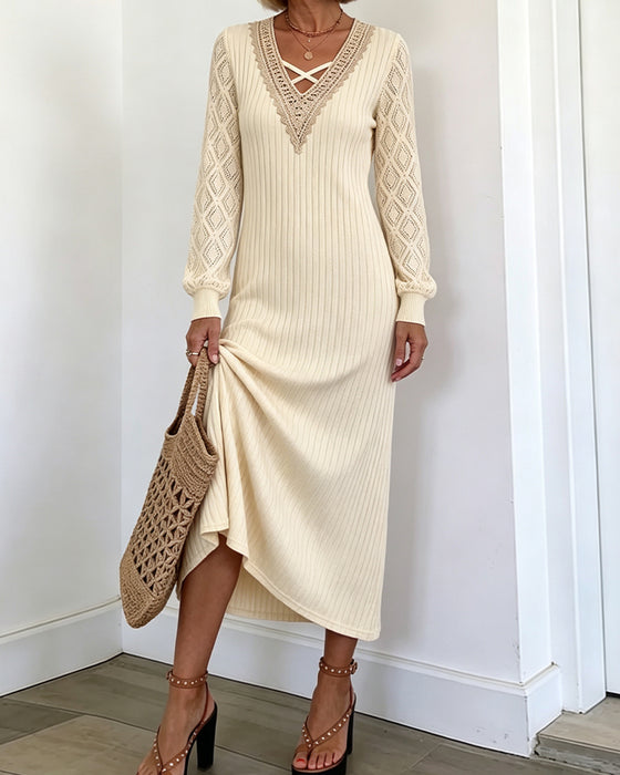Kleid Spitze V-Ausschnitt Einfarbig