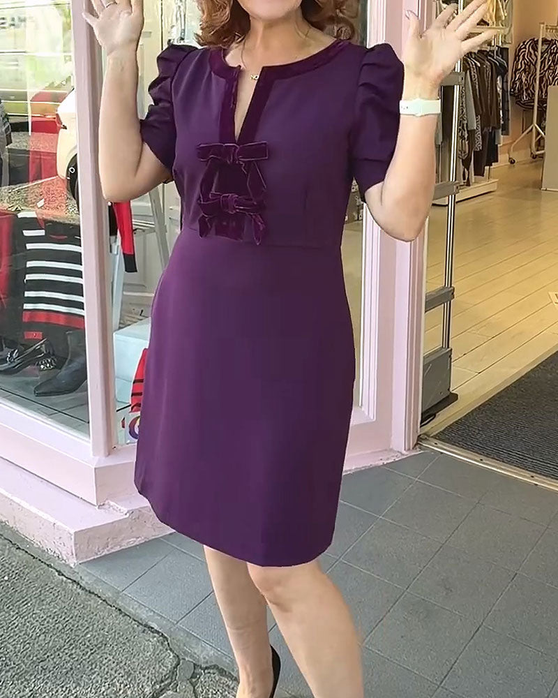 Kleid Puffärmel Schleife Samt Patchwork