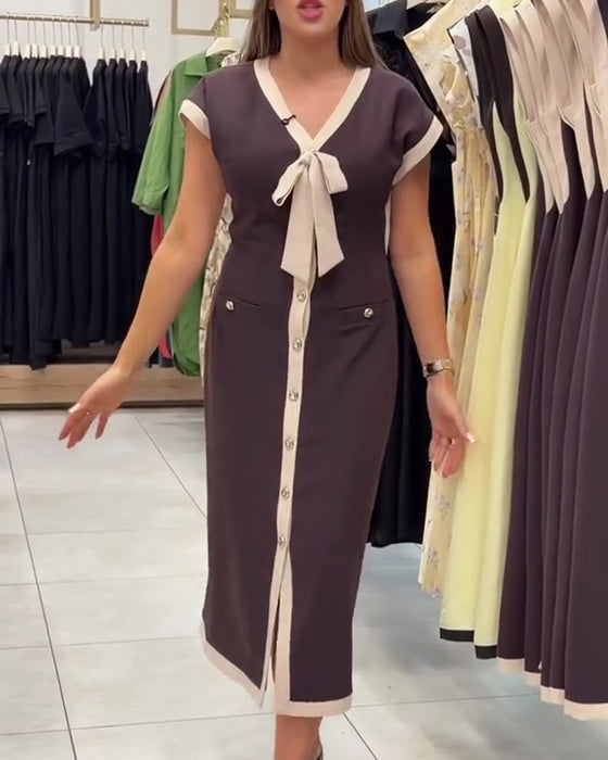 Kleid V-Ausschnitt Schleife Knopf