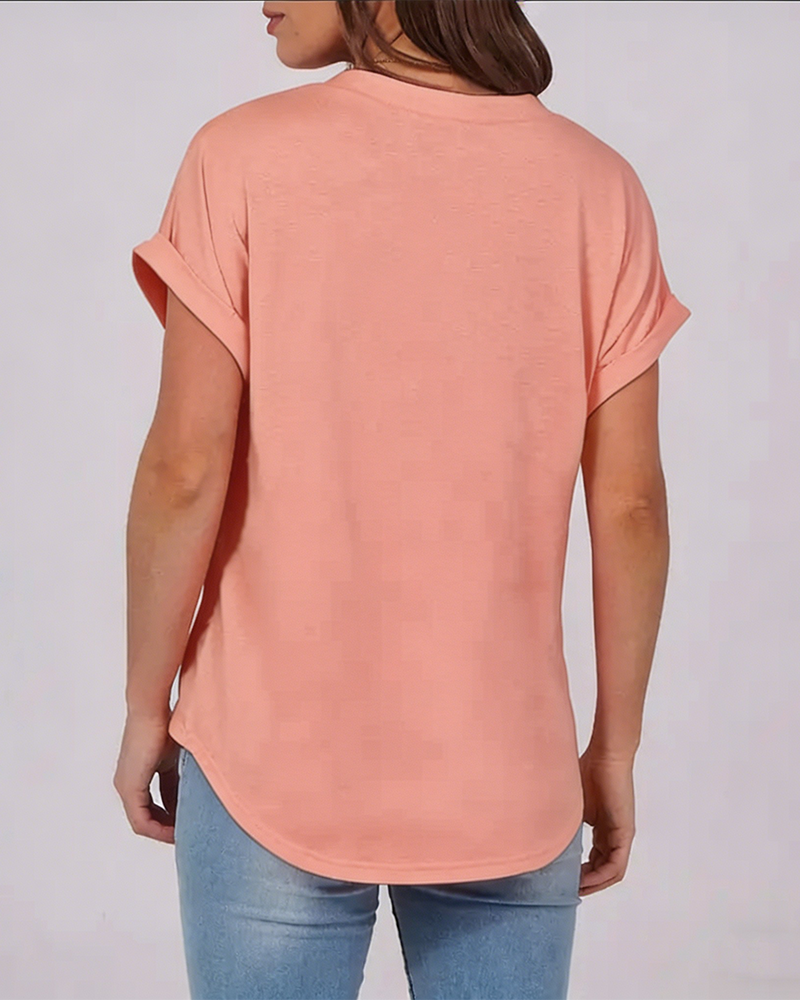 T-Shirt Unifarben V-Ausschnitt Kurzarm