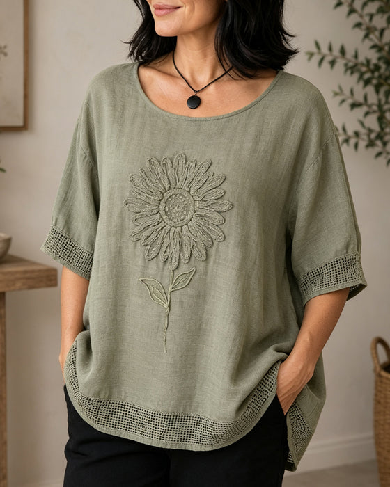 Bluse Sonnenblume Bestickt Locker