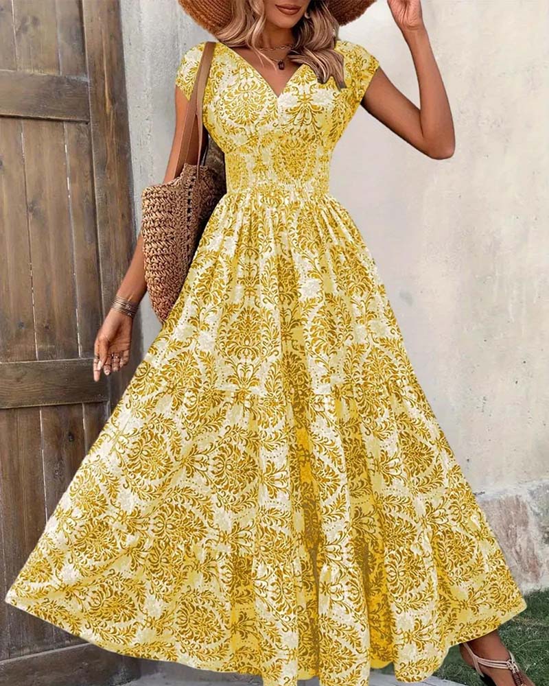 Kleid Retro Print V-Ausschnitt Tailliert Lang