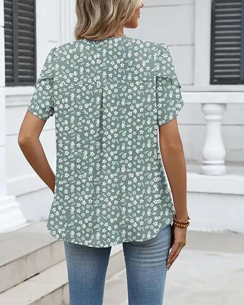 Bluse Blumenprint Kleiner V-Ausschnitt