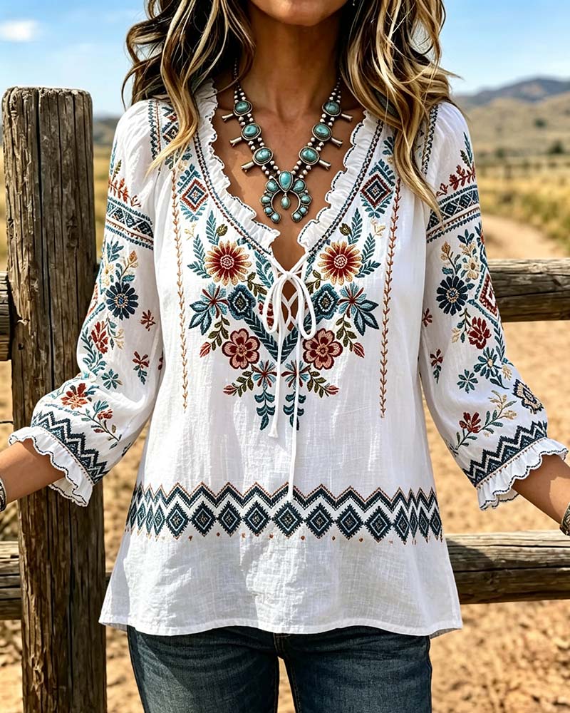 Bluse V-Ausschnitt Bohemian Rüsche