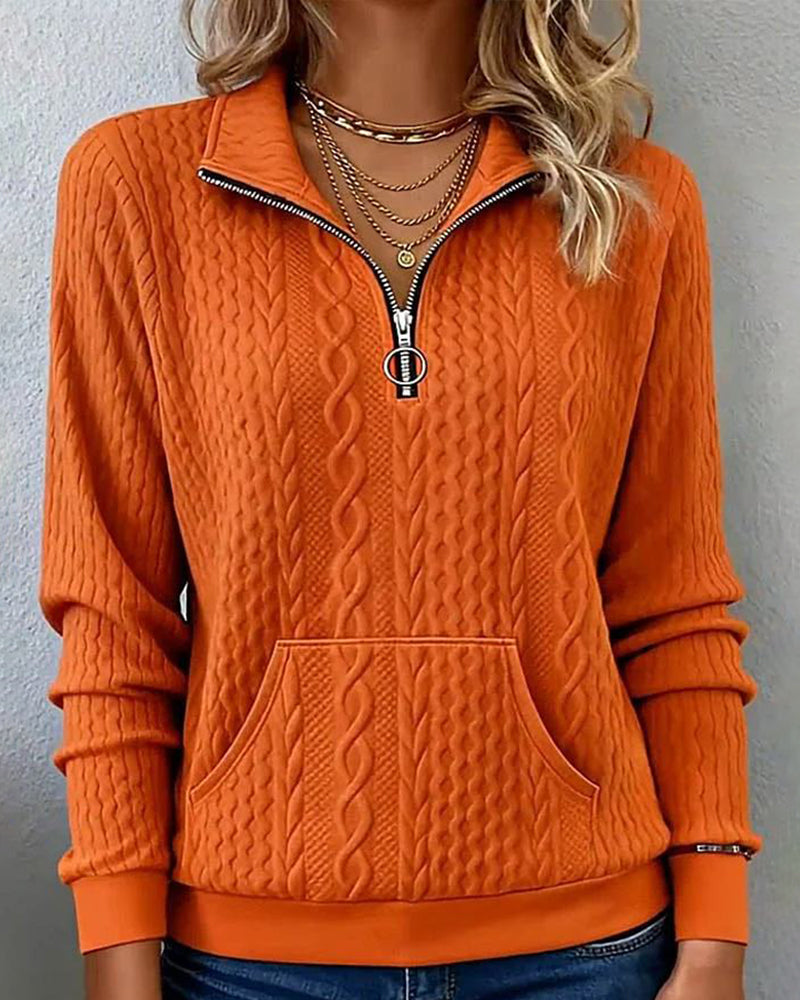 Unifarbenes Sweatshirt mit Halbreißverschluss und Jacquard