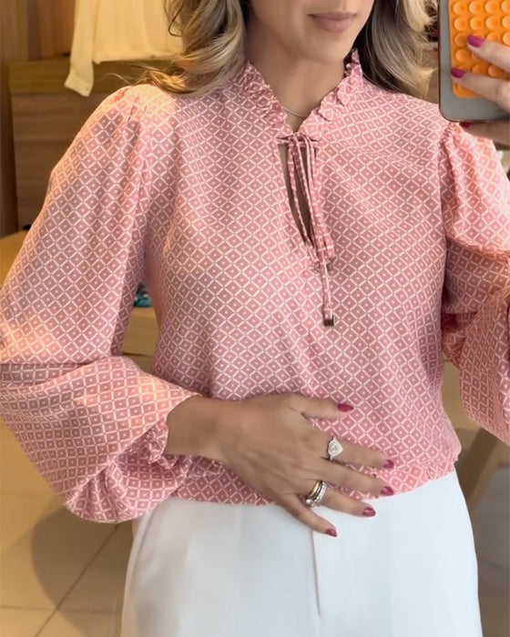 Bluse Puffärmel Stehkragen Karo