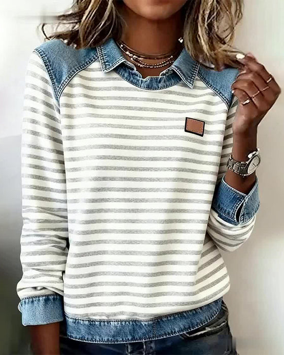 Sweatshirt Mit Jeans-Panel, Streifenmuster Und Lockerer Stimmung