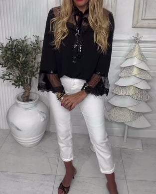 Bluse Uni-Farbe Patchwork Langarm