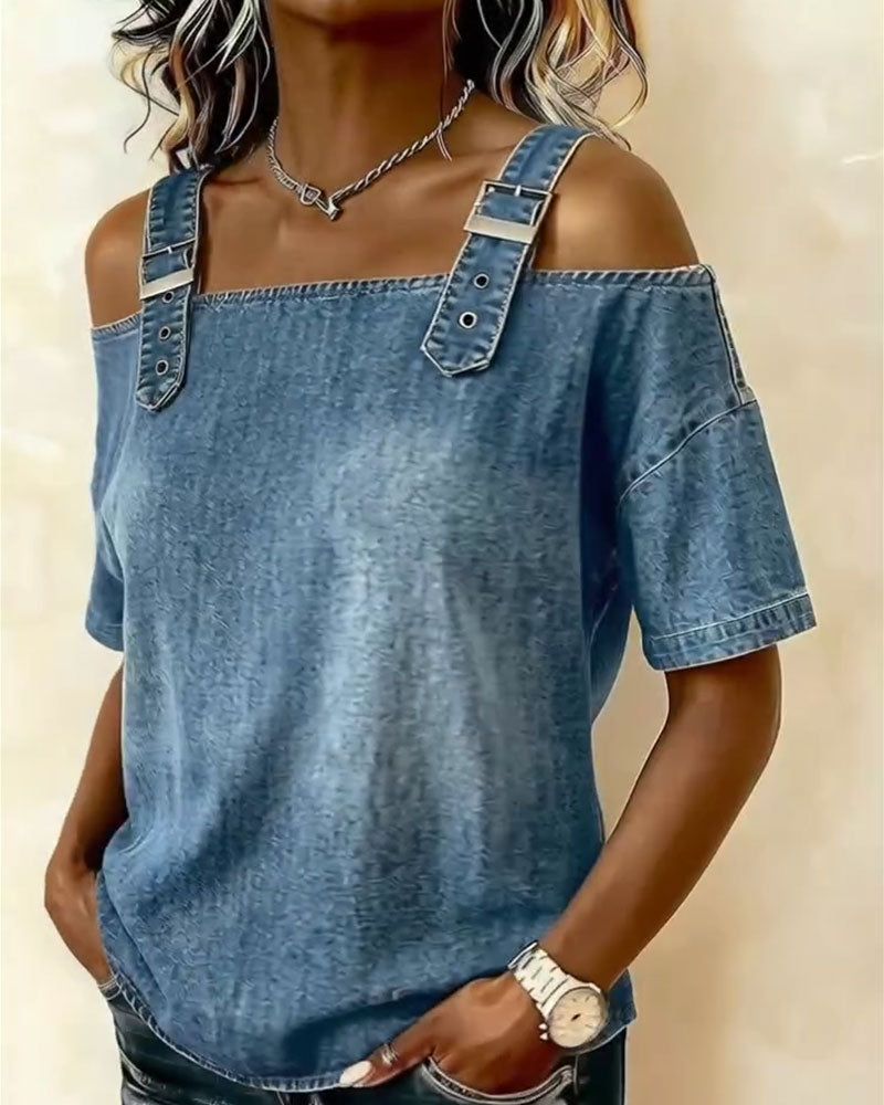 Bluse Off-Shoulder Mit Schulterriemen Denim