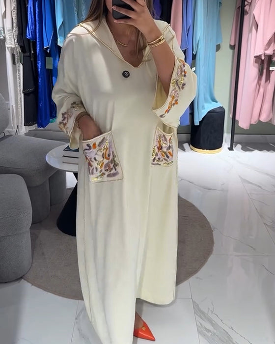 Kleid Mit Kapuze Bestickt Locker Zwei Taschen