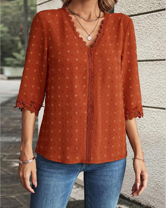 Bluse V-Ausschnitt Spitze Patchwork 3d Blume