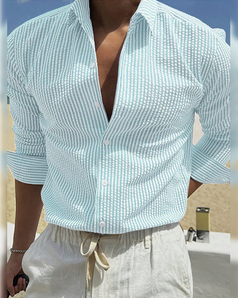 Herren Hemd Streifen Cardigan Revers Langarm