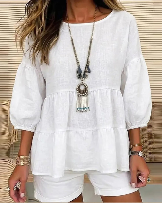 Bluse Rundhals Baby Doll Laterne Mittel Ärmel