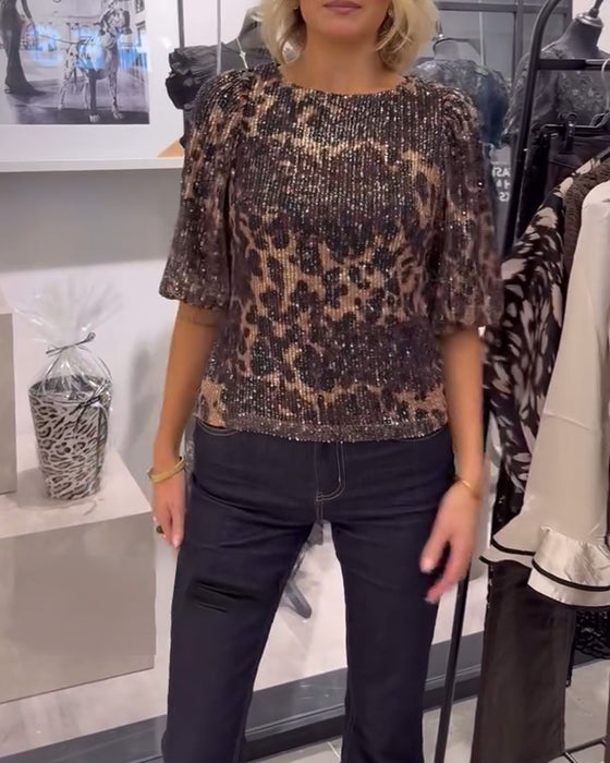 Bluse mit Laternenärmeln Pailletten Leopardenmuster