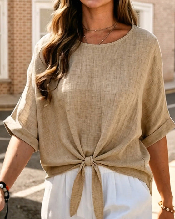 Bluse Rundhals Binden Kurzarm
