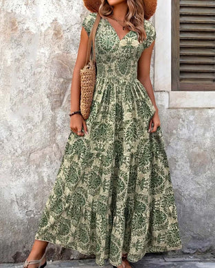 Kleid Retro Print V-Ausschnitt Tailliert Lang