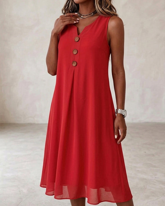 Kleid Knopf Gerafft Ärmellos