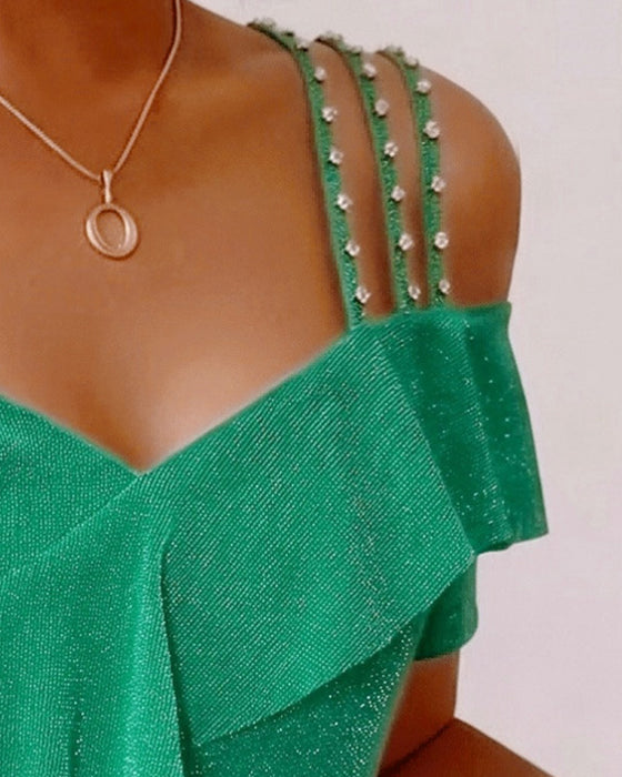 T-Shirt Diamant-Träger Rüschen Off-Shoulder V-Ausschnitt