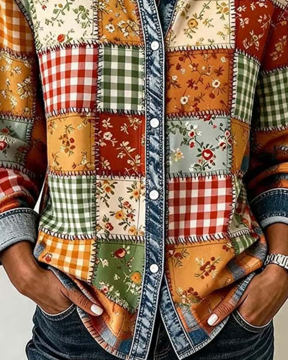 Oberteil Kragen Karo Denim Patchwork